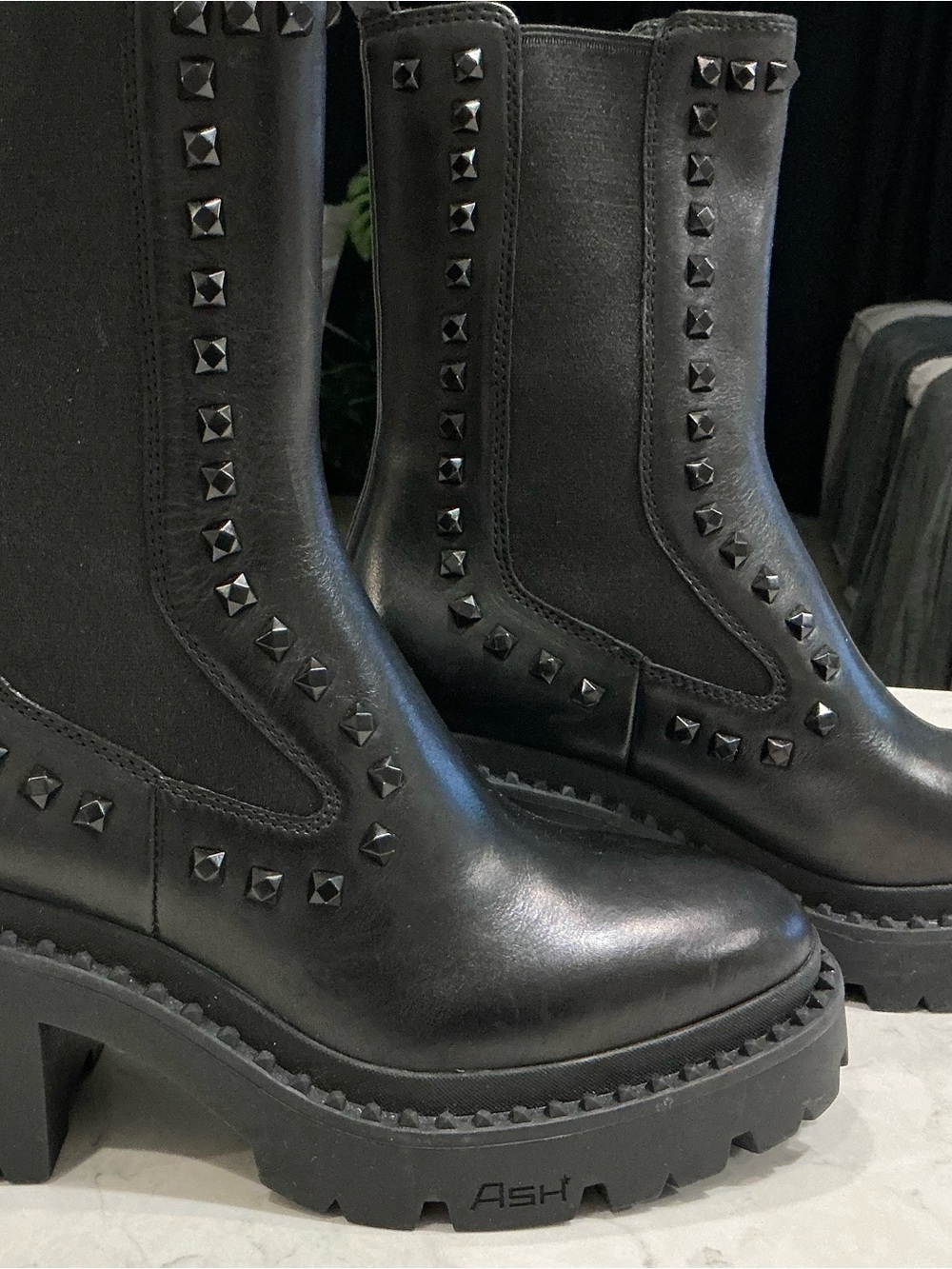 ASH Black Studded Leather Chunky Heel Boots - NEW Size 5